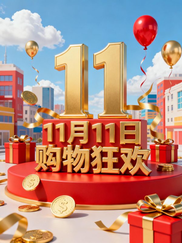 红色金色双11电商活动宣传海报立体文字设计素材-即梦ai关键词描述咒语-Ai宇宙吧-
