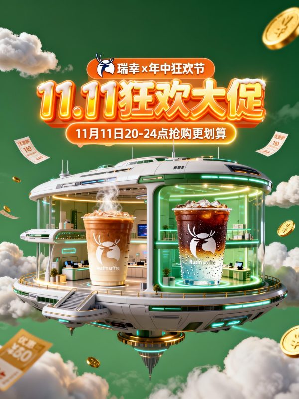 创意未来感空中飞船瑞幸咖啡双11外卖电商活动宣传海报设计素材-即梦ai关键词描述咒语-Ai宇宙吧-