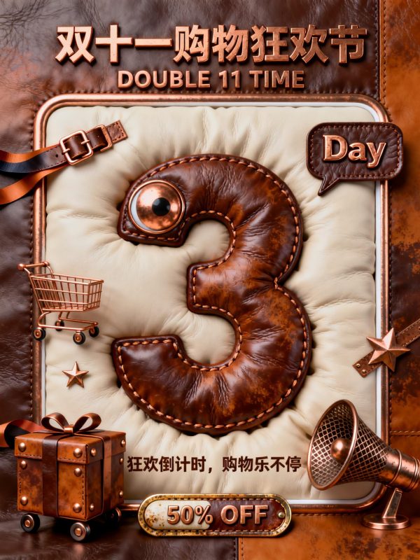 创意棕色皮质双11电商活动倒计时数字宣传海报文字设计素材-即梦ai关键词描述咒语-Ai宇宙吧-