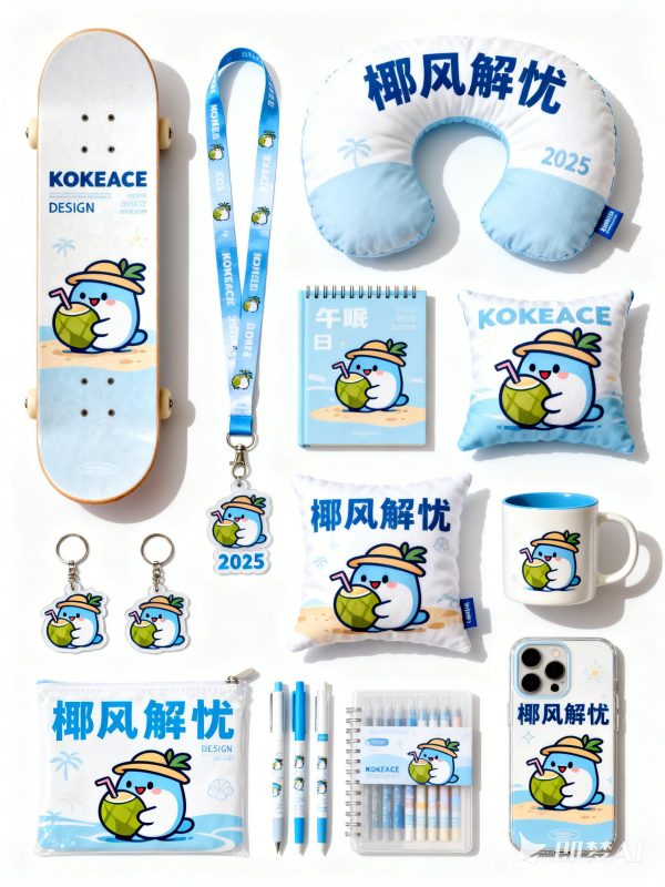 蓝白可爱椰子主题文创周边产品套装VI提案样机海报-即梦ai关键词描述咒语-Ai宇宙吧-