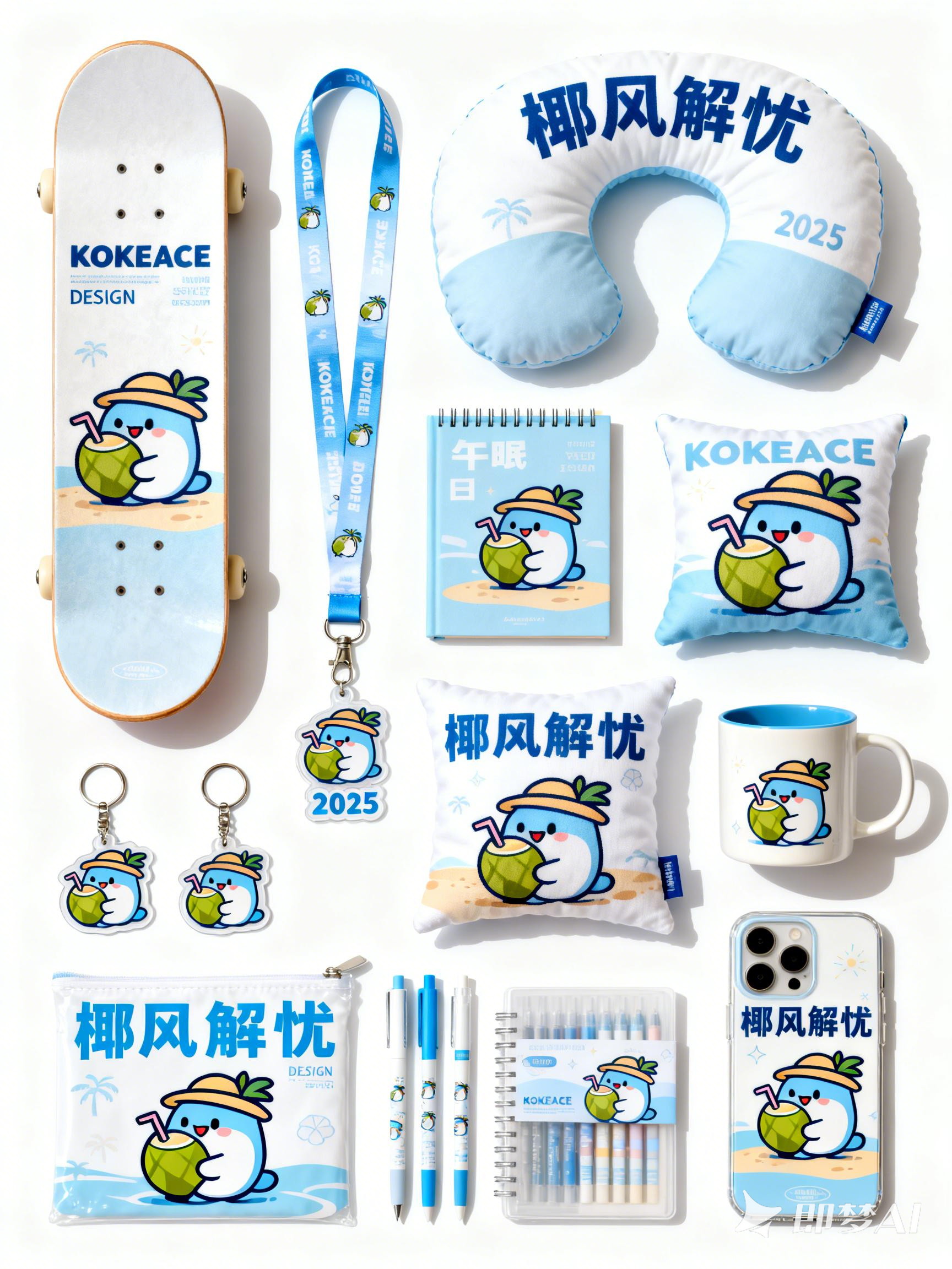 Midjourney - 蓝白可爱椰子主题文创周边产品套装VI提案样机海报-即梦ai关键词描述咒语 即梦Ai-Ai宇宙吧-