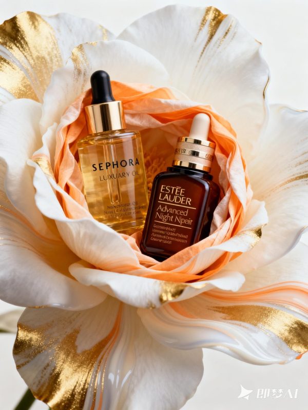 高端化妆品护肤品雅诗兰黛小棕瓶精华产品摄影海报-即梦ai关键词描述咒语-Ai宇宙吧-