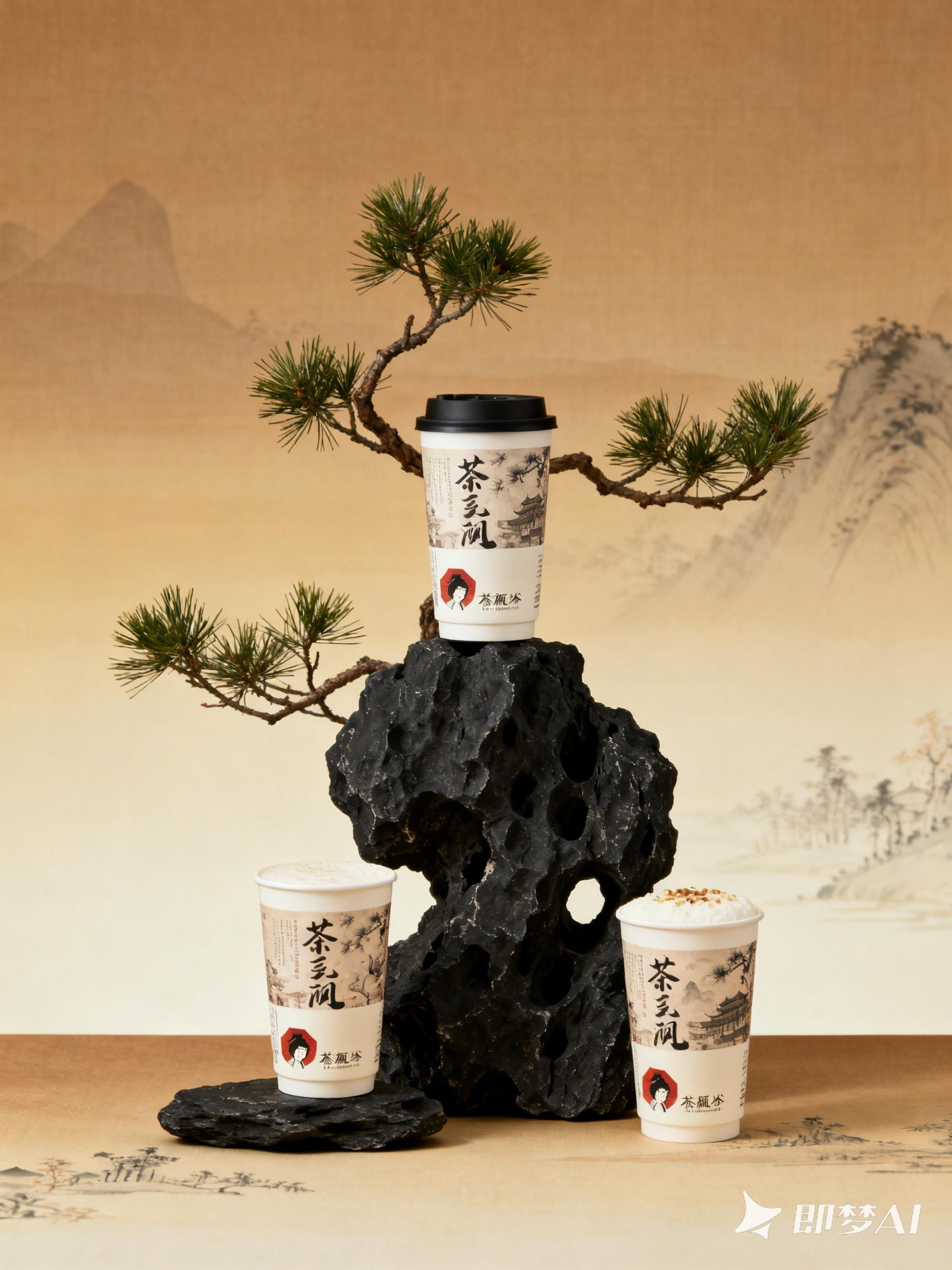 Midjourney - 新中式复古雅致高级茶饮奶茶品牌产品摄影海报-即梦ai关键词描述咒语 即梦Ai-Ai宇宙吧-
