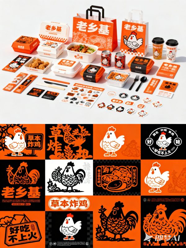 老乡基鸡肉炸鸡美食品牌VI提案设计样机展示海报-即梦ai关键词描述咒语-Ai宇宙吧-
