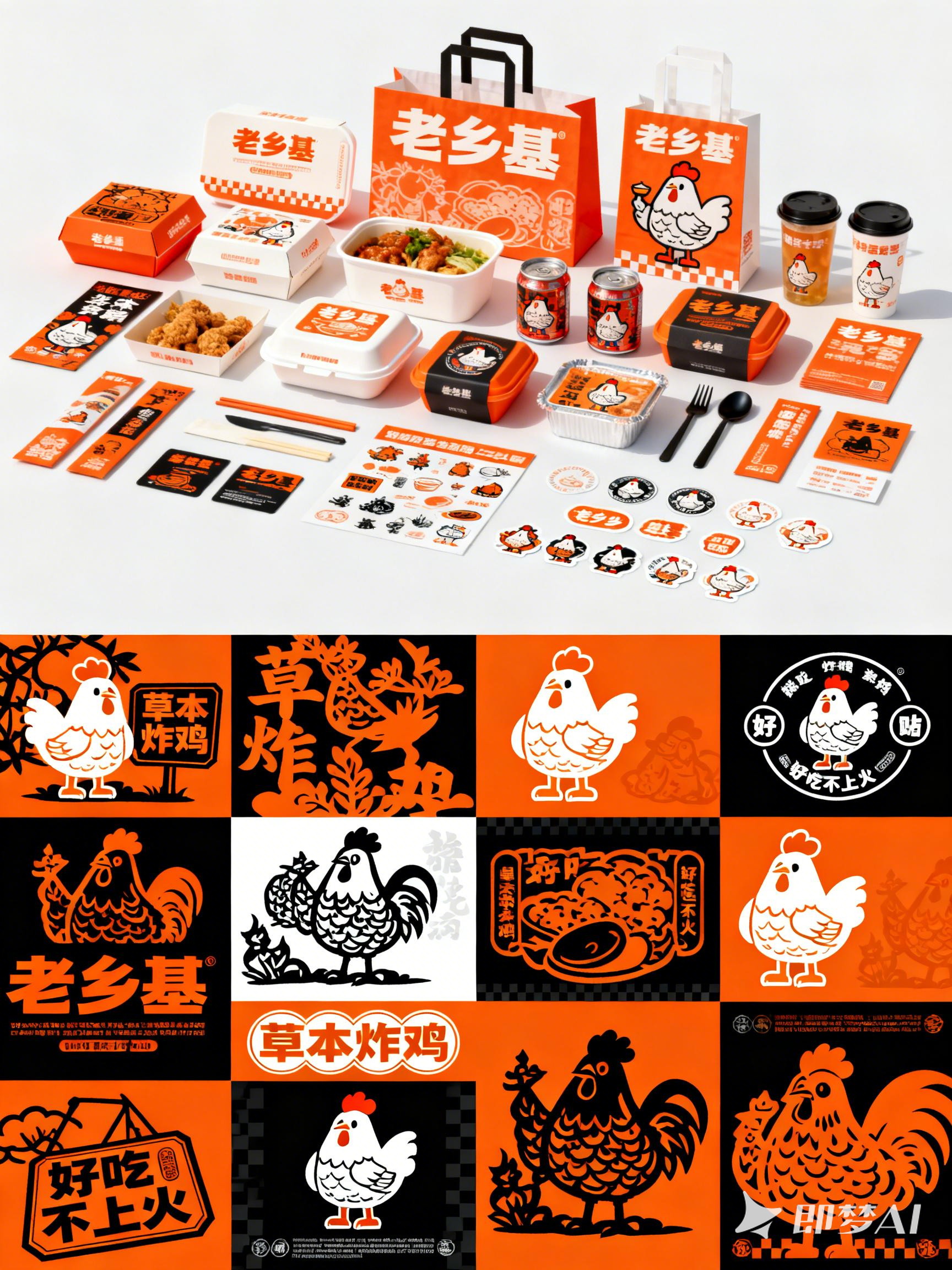 Midjourney - 老乡基鸡肉炸鸡美食品牌VI提案设计样机展示海报-即梦ai关键词描述咒语 即梦Ai-Ai宇宙吧-