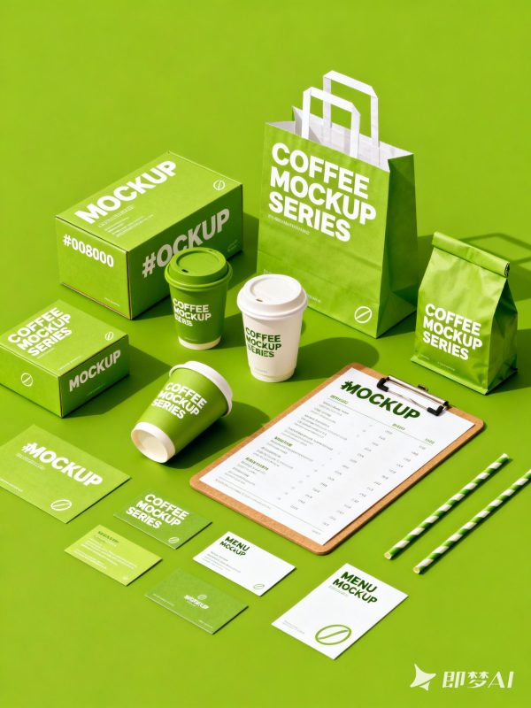 绿色面包咖啡烘焙品牌产品菜单包装VI提案样机海报-即梦ai关键词描述咒语-Ai宇宙吧-