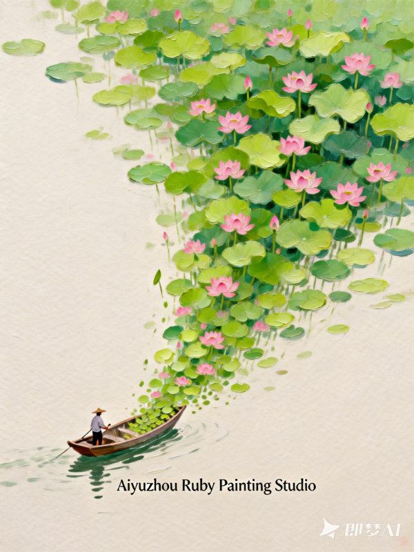 创意唯美油画风格小船荷叶荷花意境插图海报-即梦ai关键词描述咒语-Ai宇宙吧-