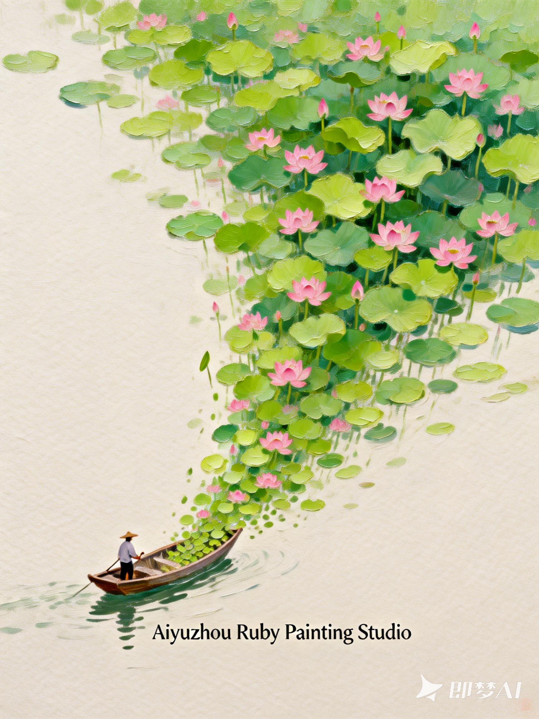 Midjourney - 创意唯美油画风格小船荷叶荷花意境插图海报-即梦ai关键词描述咒语 即梦Ai-Ai宇宙吧-