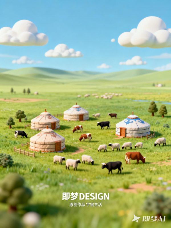 3D立体蓝天白云蒙古包牛羊群草原场景封面海报-即梦ai关键词描述咒语-Ai宇宙吧-