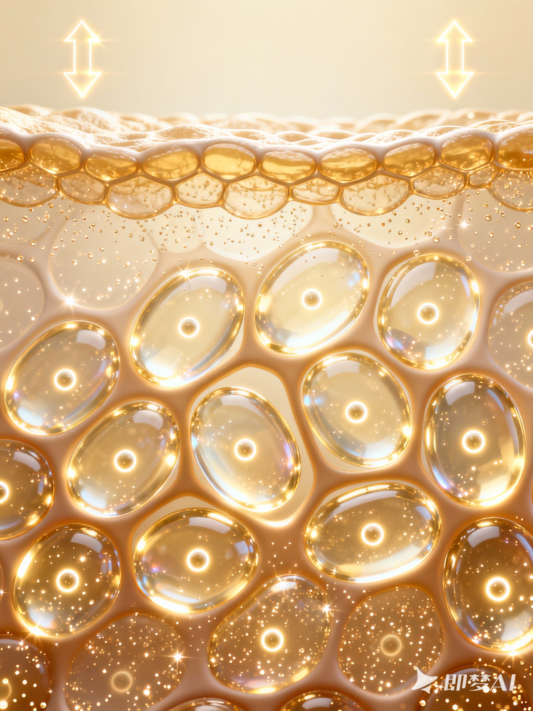Midjourney - 3D立体科技金色蜂窝状气泡分子肌肤渗透结构海报背景-即梦ai关键词描述咒语 即梦Ai-Ai宇宙吧-