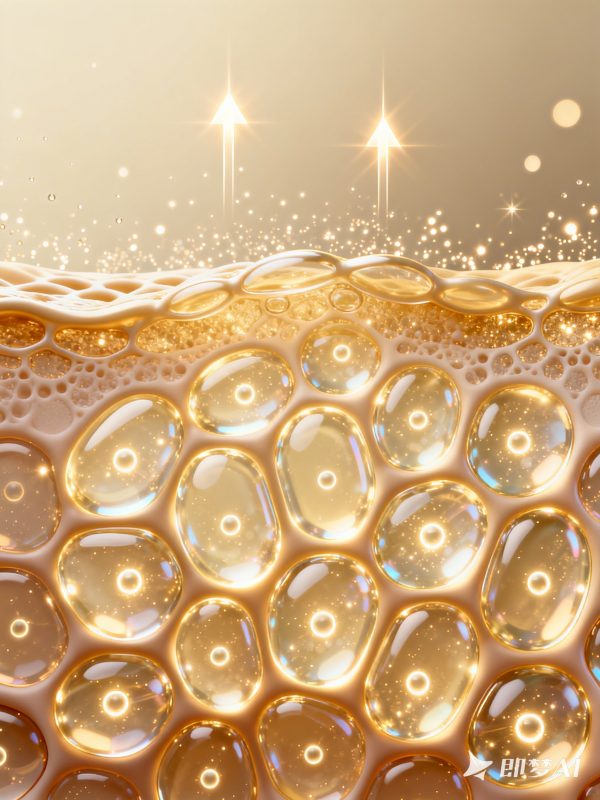 3D立体科技金色蜂窝状气泡分子肌肤渗透结构海报背景-即梦ai关键词描述咒语-Ai宇宙吧-