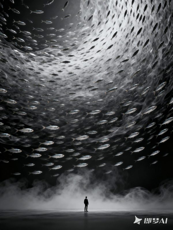 创意抽象艺术沙丁鱼群纹理人物壁纸海报背景-即梦ai关键词描述咒语-Ai宇宙吧-