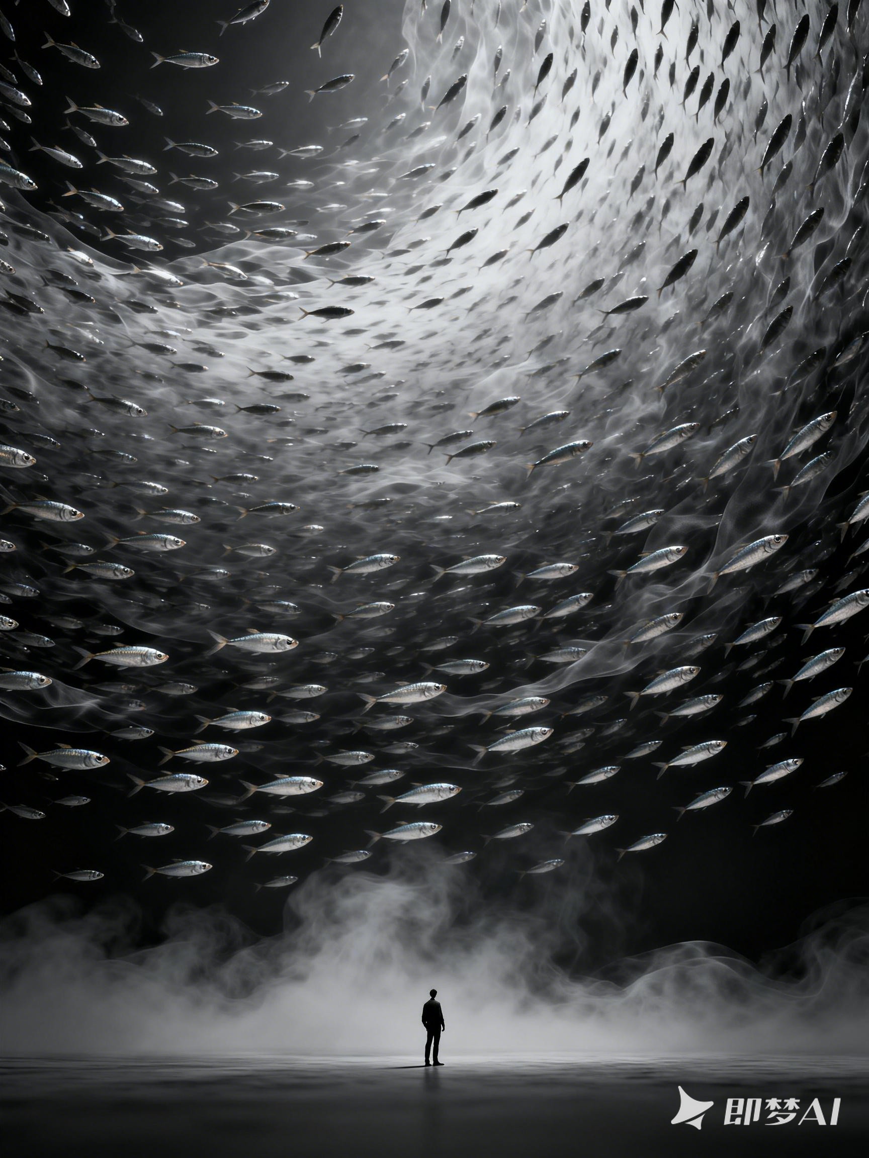 Midjourney - 创意抽象艺术沙丁鱼群纹理人物壁纸海报背景-即梦ai关键词描述咒语 即梦Ai-Ai宇宙吧-