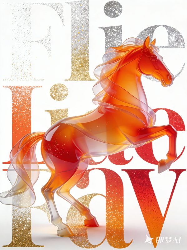 极简主义3D立体半透明马年艺术海报封面素材-即梦ai关键词描述咒语-Ai宇宙吧-