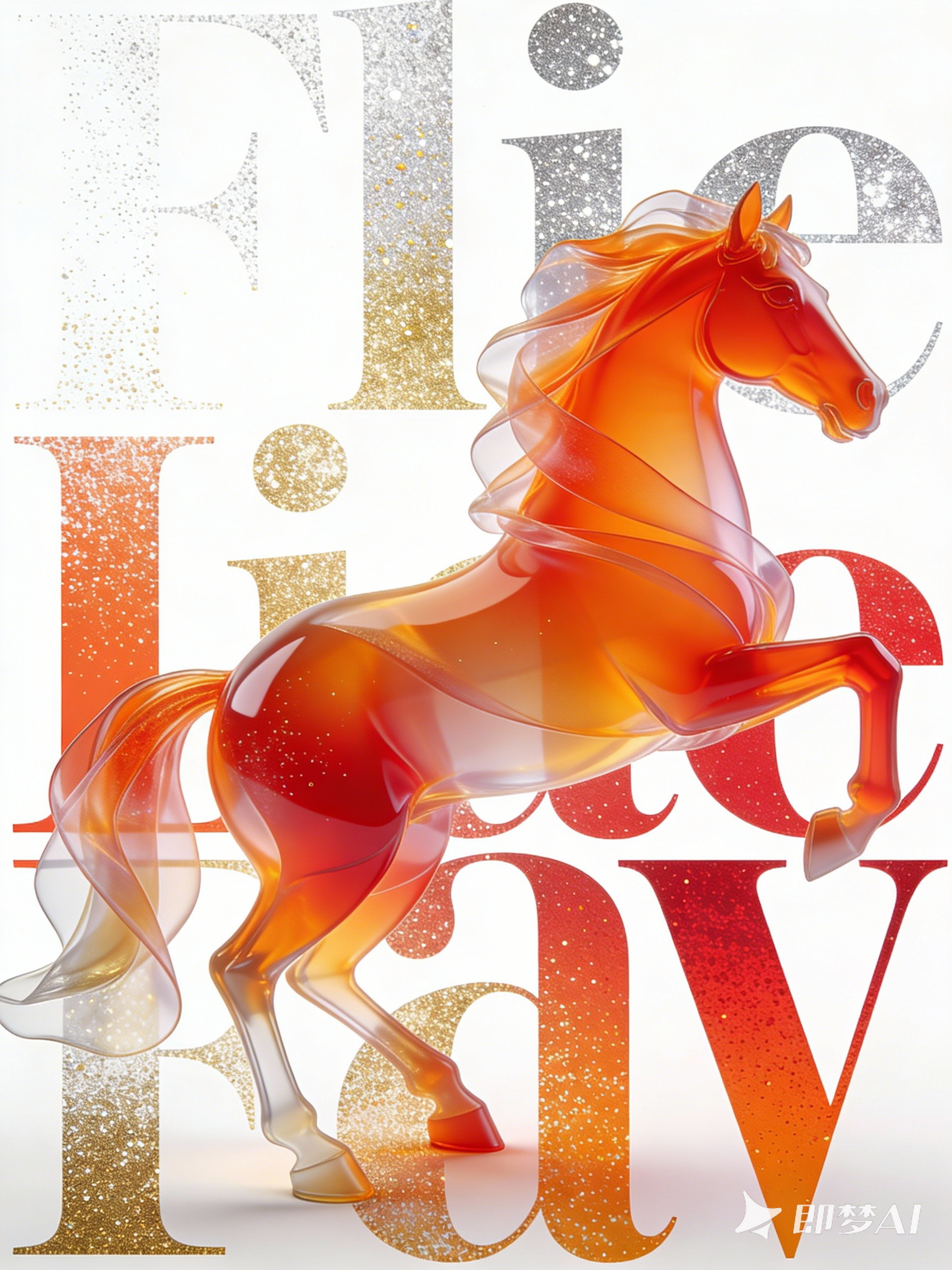 Midjourney - 极简主义3D立体半透明马年艺术海报封面素材-即梦ai关键词描述咒语 即梦Ai-Ai宇宙吧-