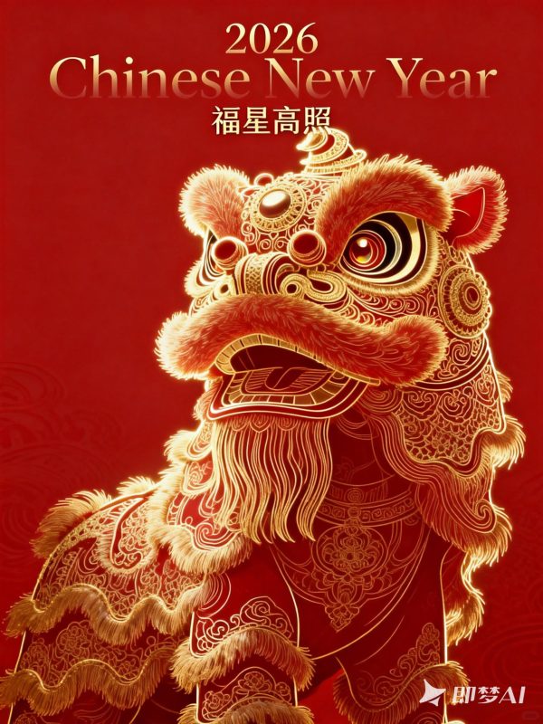 红色中国风新年元旦舞狮精致艺术花纹图案壁纸海报-即梦ai关键词描述咒语-Ai宇宙吧-