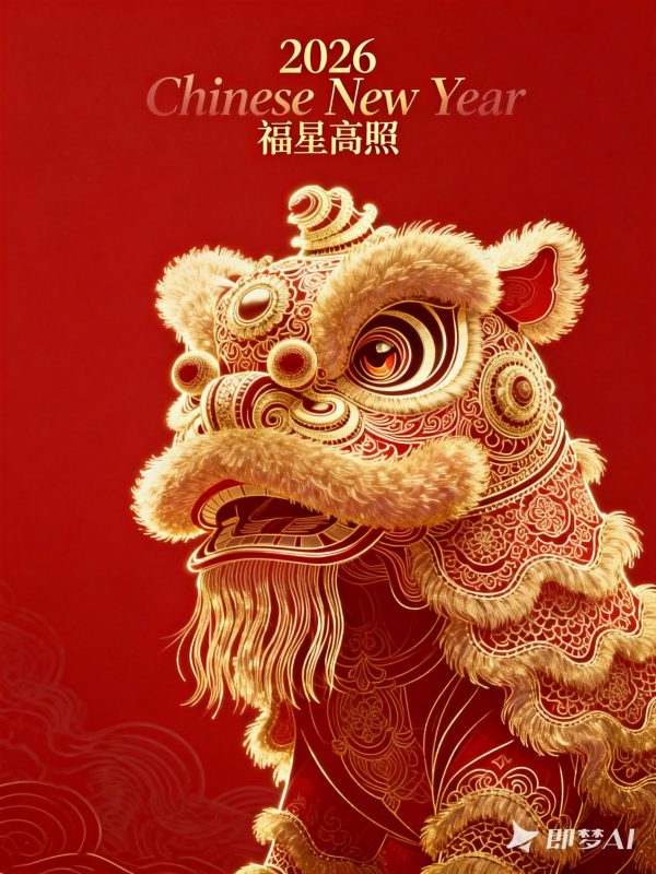 红色中国风新年元旦舞狮精致艺术花纹图案壁纸海报-即梦ai关键词描述咒语-Ai宇宙吧-