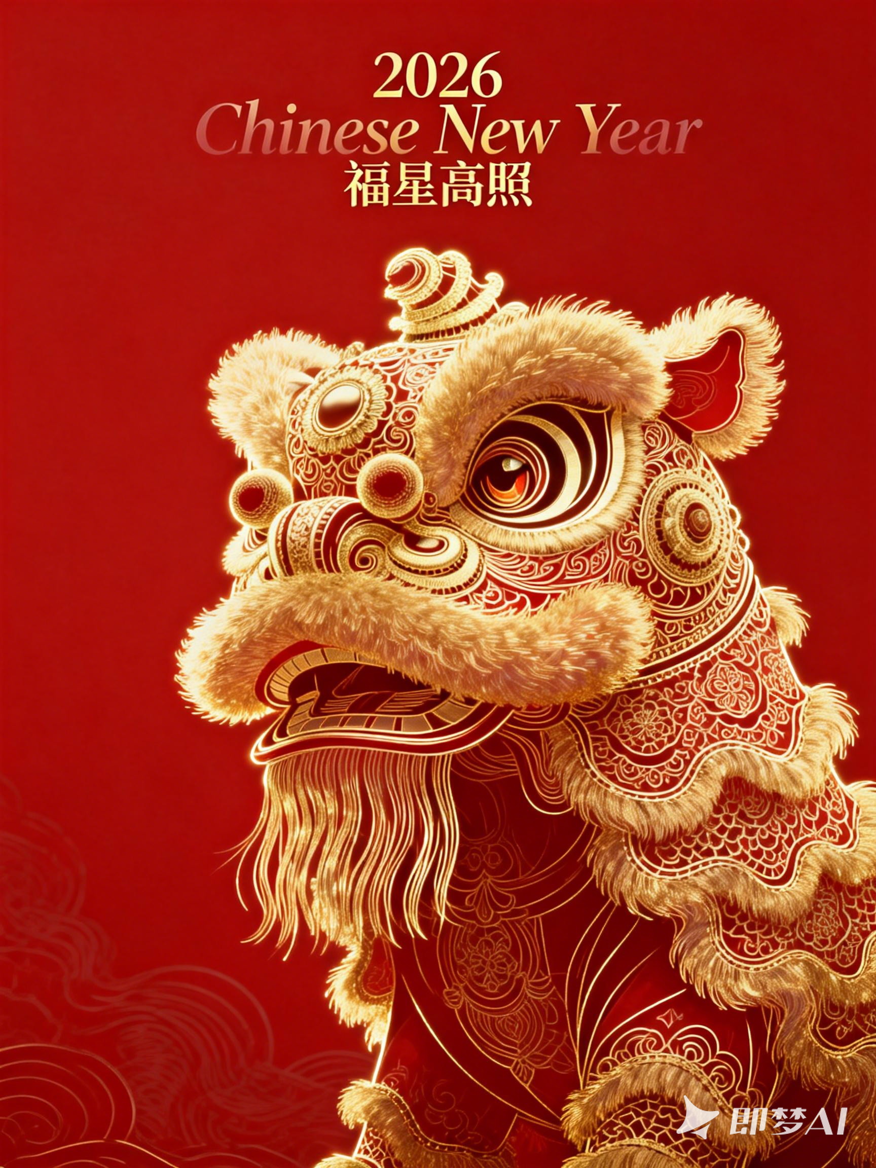 Midjourney - 红色中国风新年元旦舞狮精致艺术花纹图案壁纸海报-即梦ai关键词描述咒语 即梦Ai-Ai宇宙吧-