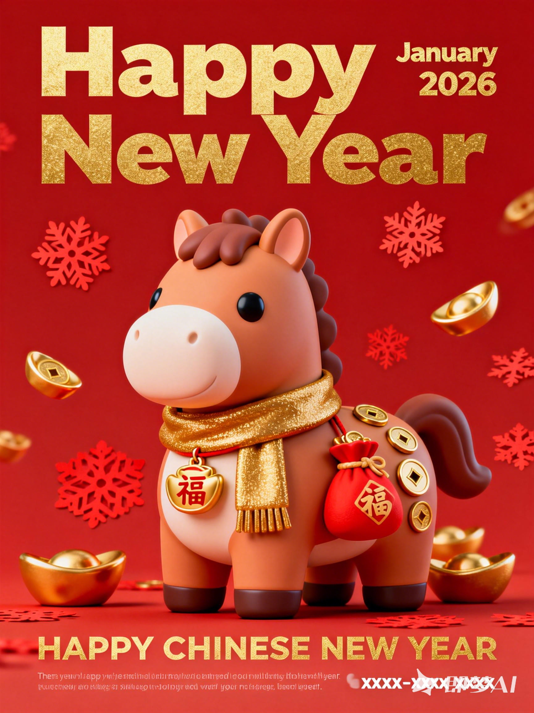 Midjourney - 3D立体红色马年可爱小马卡通风格新年祝福海报-即梦ai关键词描述咒语 即梦Ai-Ai宇宙吧-