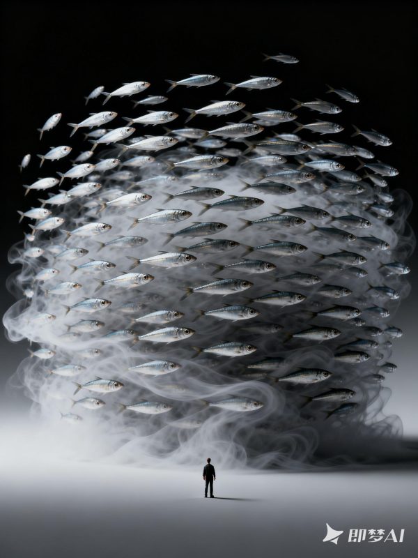 创意抽象艺术沙丁鱼群纹理人物壁纸海报背景-即梦ai关键词描述咒语-Ai宇宙吧-