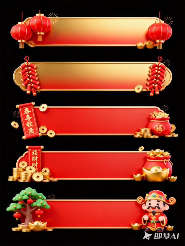 红色3D立体新年元旦财神爷主题横幅标题栏素材背景-即梦ai关键词描述咒语-Ai宇宙吧-