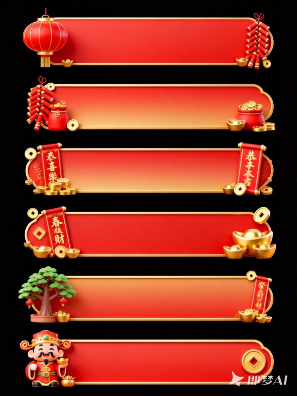 红色3D立体新年元旦财神爷主题横幅标题栏素材背景-即梦ai关键词描述咒语-Ai宇宙吧-