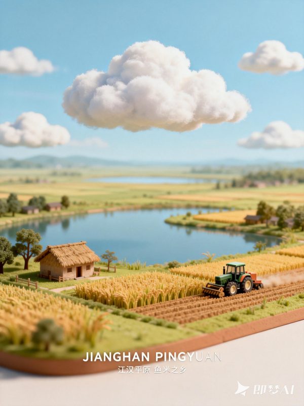 江汉平原鱼米之乡丰收场景梦工厂风格微缩景观封面海报-即梦ai关键词描述咒语-Ai宇宙吧-