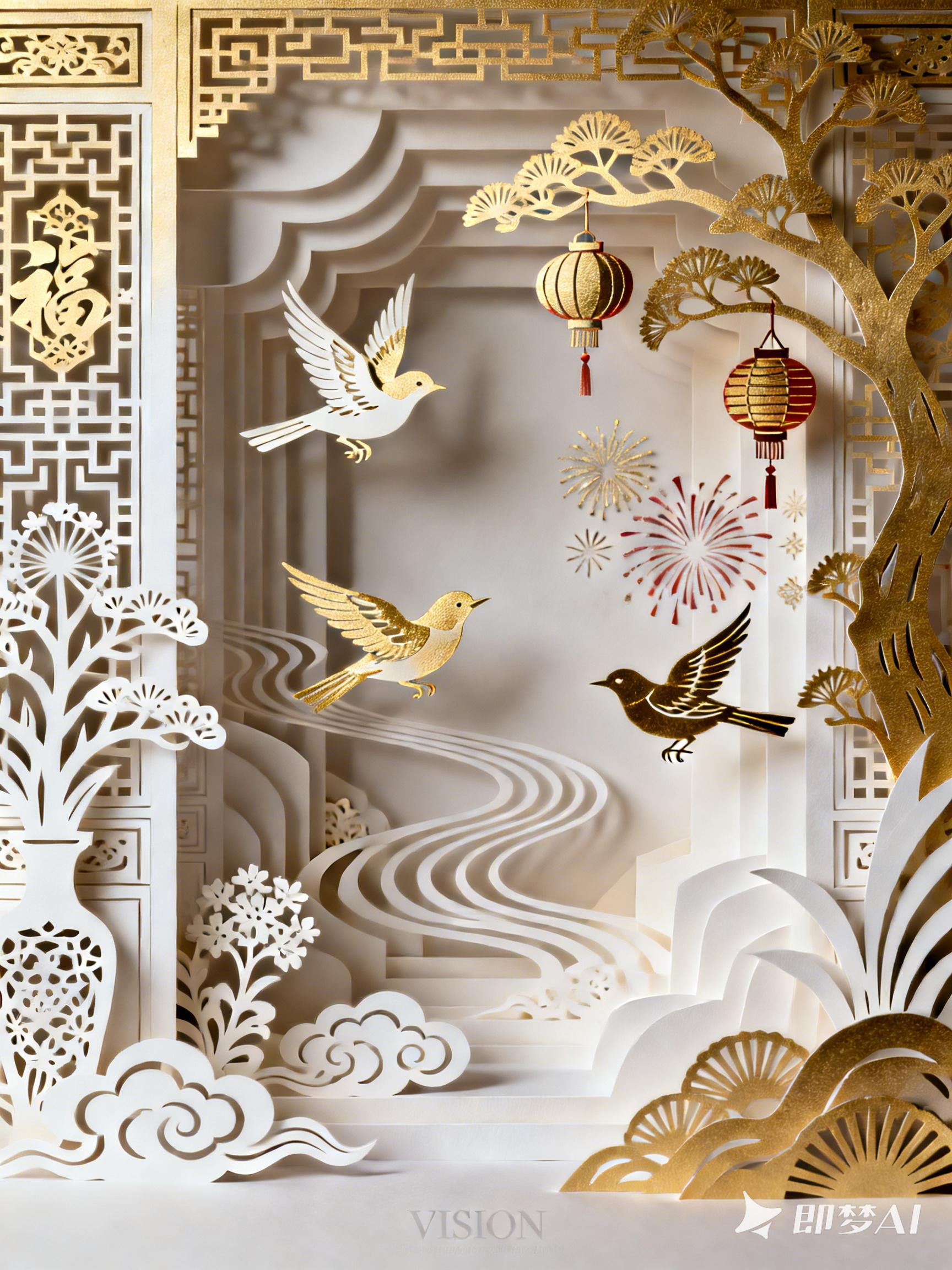 Midjourney - 中国风新年祥云喜鹊灯笼纸雕剪纸空间艺术图案海报-即梦ai关键词描述咒语 即梦Ai-Ai宇宙吧-
