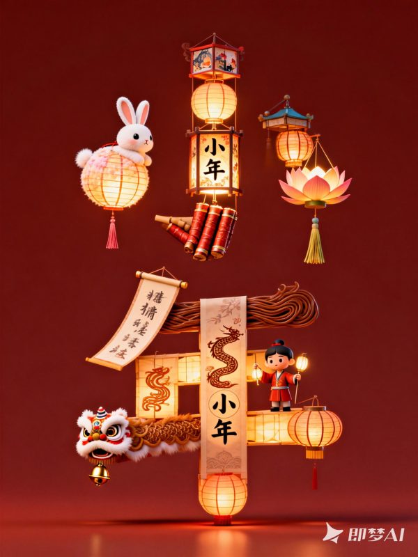 创意中国风新年3D立体小年文字灯谜元素海报设计素材-即梦ai关键词描述咒语-Ai宇宙吧-