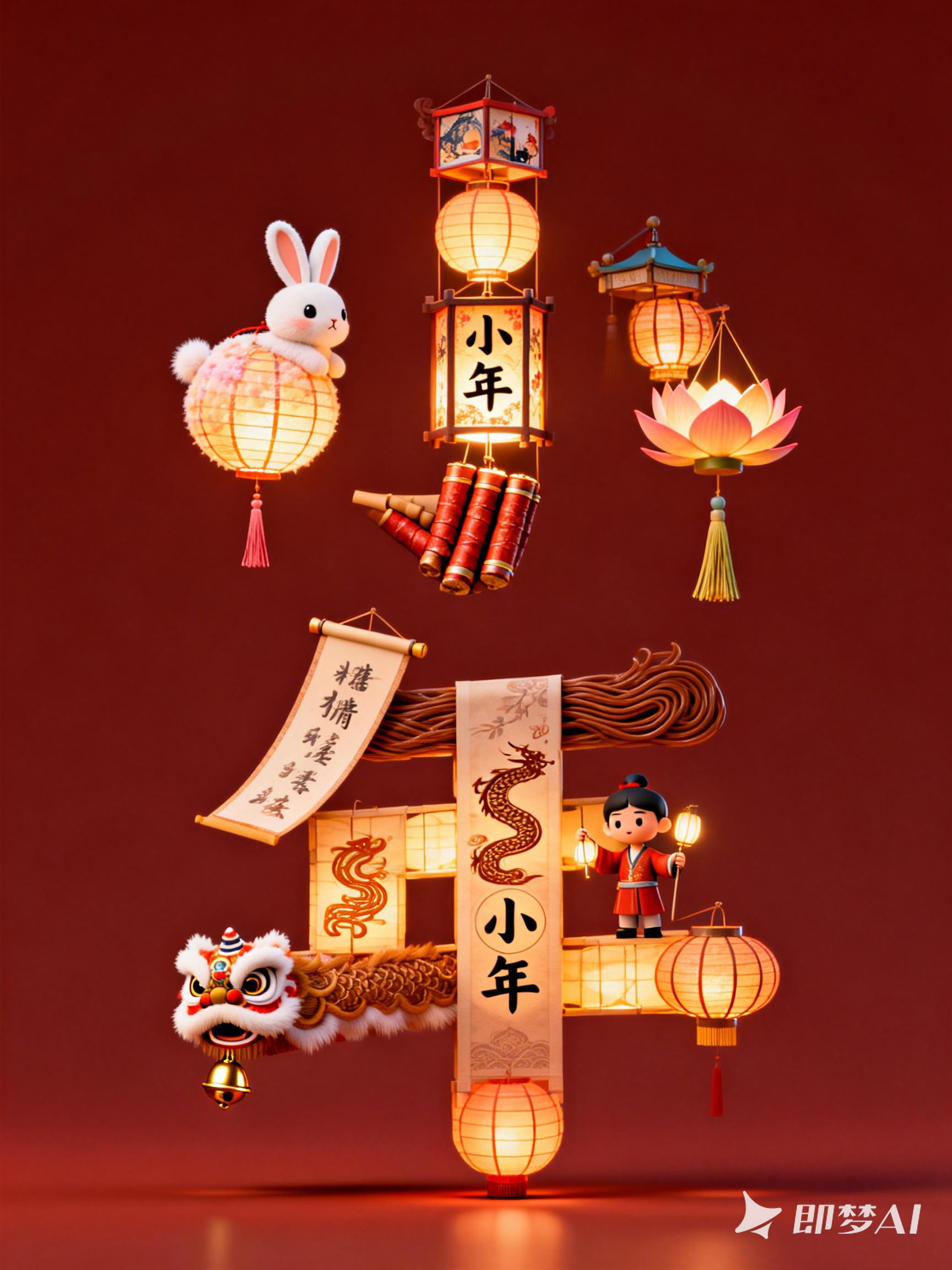 Midjourney - 创意中国风新年3D立体小年文字灯谜元素海报设计素材-即梦ai关键词描述咒语 即梦Ai-Ai宇宙吧-