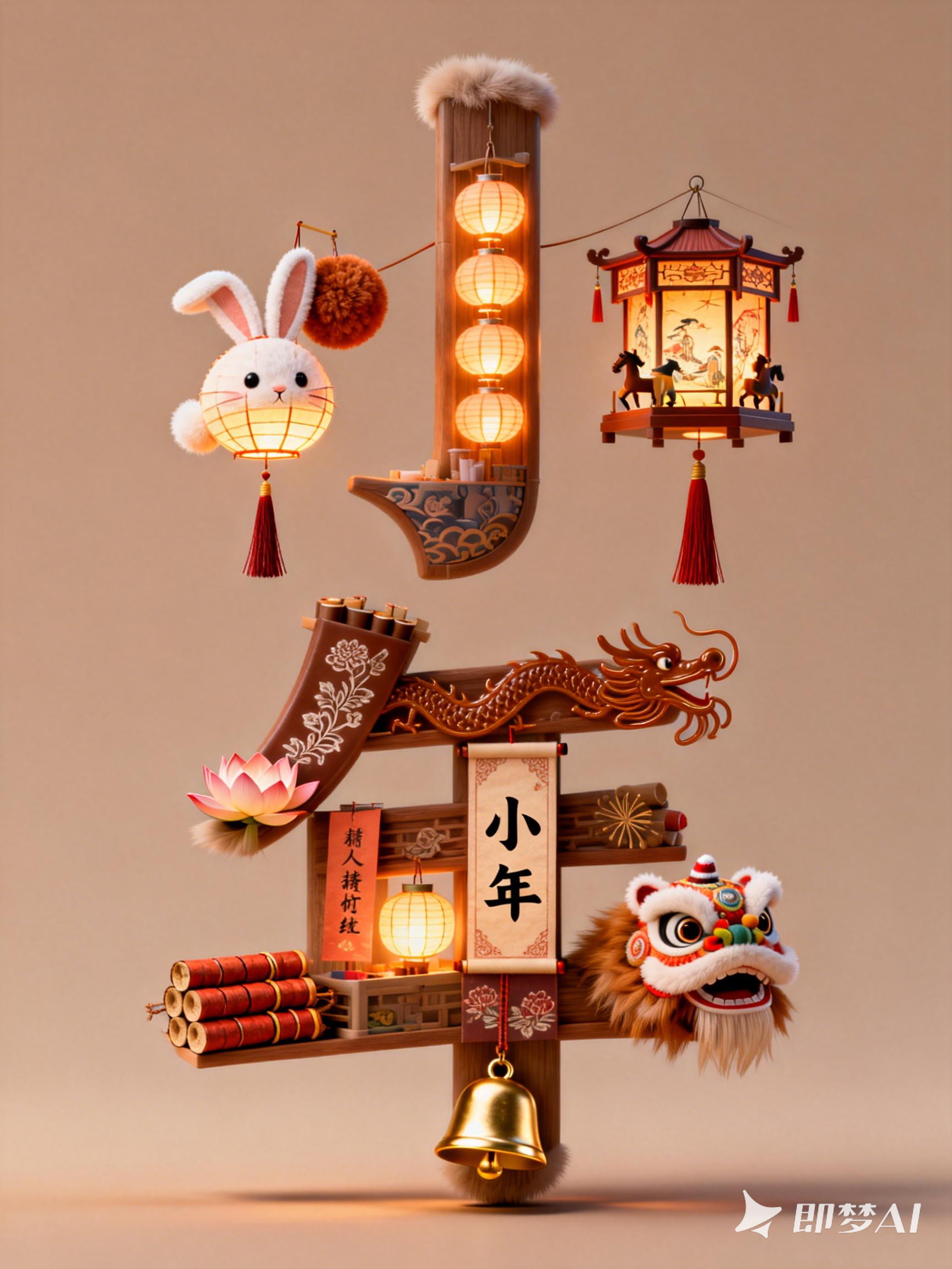 Midjourney - 创意中国风新年3D立体小年文字灯谜元素海报设计素材-即梦ai关键词描述咒语 即梦Ai-Ai宇宙吧-