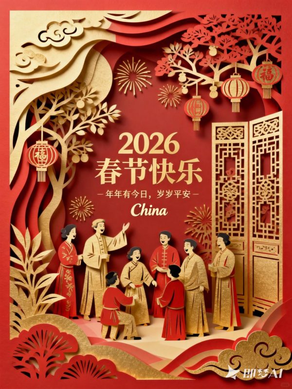 创意中国风剪纸艺术新年春节团聚场景纸雕空间海报-即梦ai关键词描述咒语-Ai宇宙吧-
