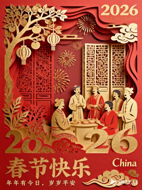 创意中国风剪纸艺术新年春节团聚场景纸雕空间海报-即梦ai关键词描述咒语-Ai宇宙吧-