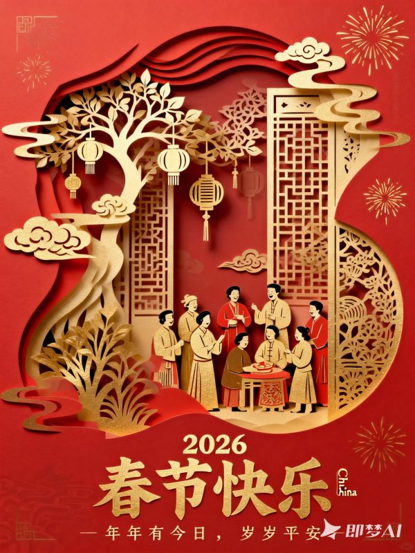创意中国风剪纸艺术新年春节团聚场景纸雕空间海报-即梦ai关键词描述咒语-Ai宇宙吧-