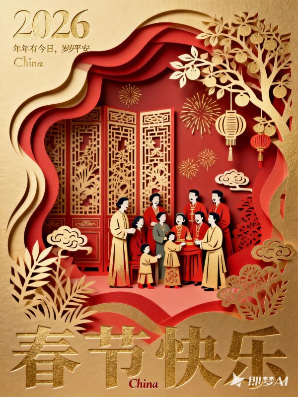 创意中国风剪纸艺术新年春节团聚场景纸雕空间海报-即梦ai关键词描述咒语-Ai宇宙吧-