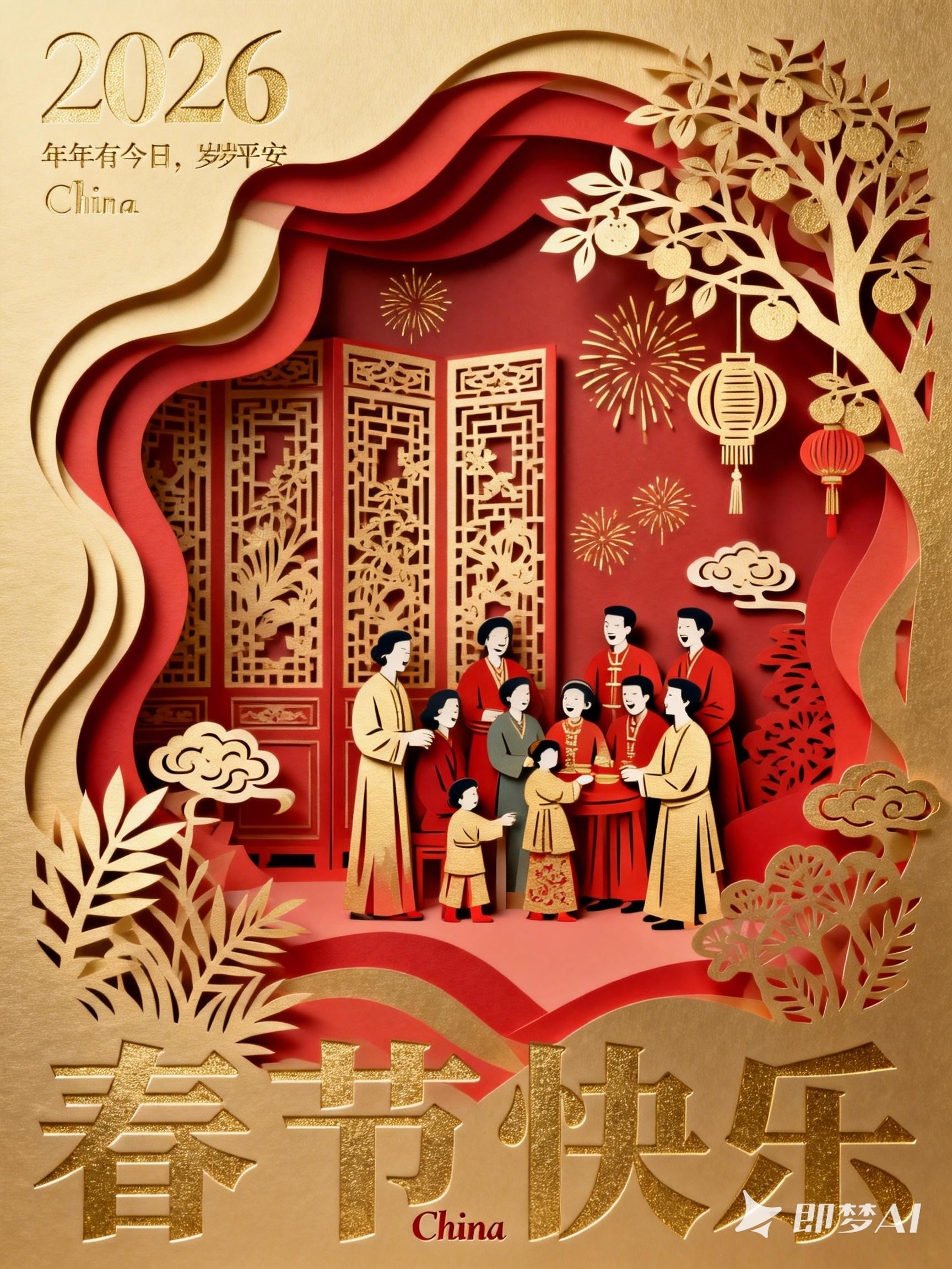 Midjourney - 创意中国风剪纸艺术新年春节团聚场景纸雕空间海报-即梦ai关键词描述咒语 即梦Ai-Ai宇宙吧-
