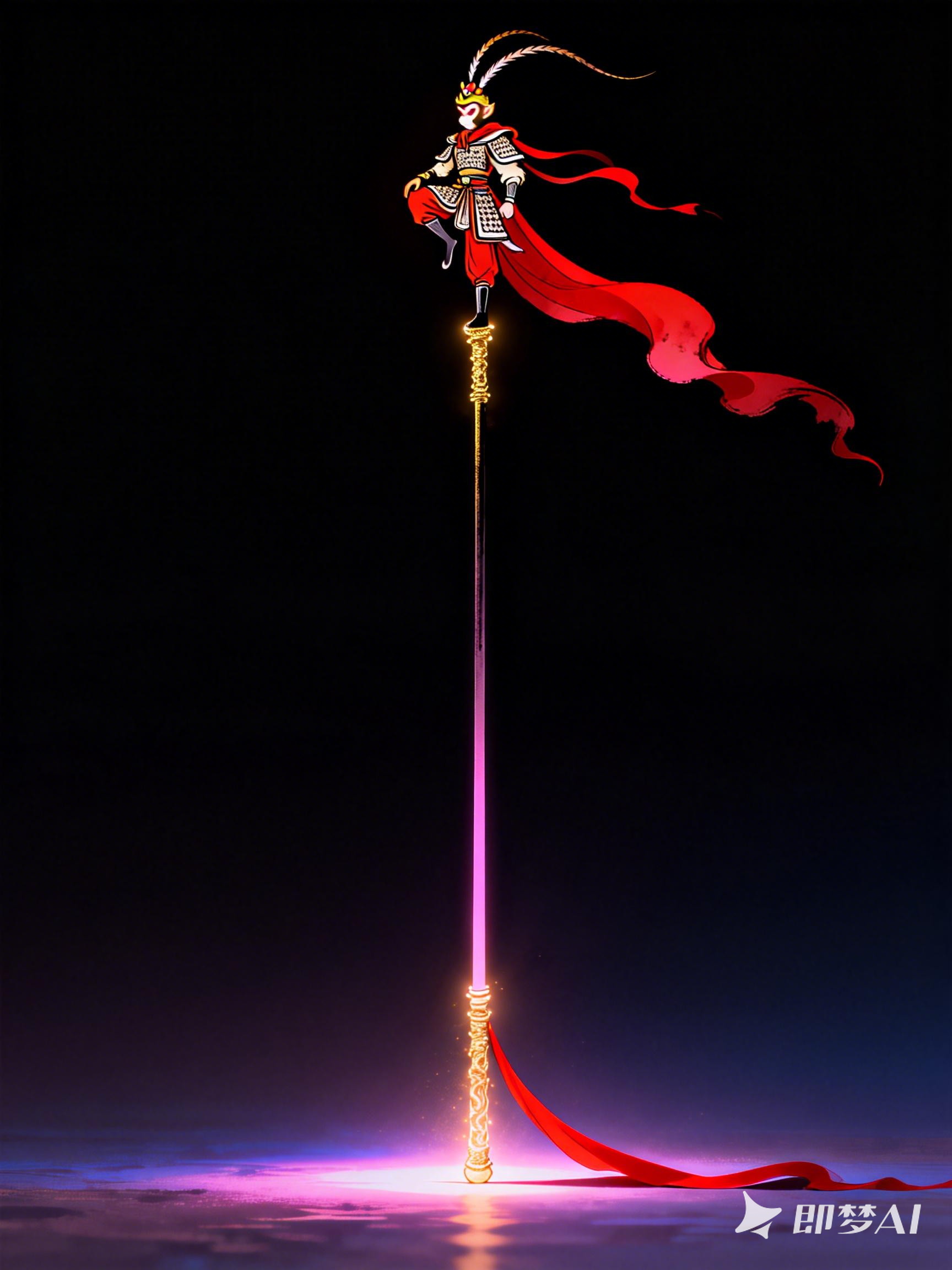 Midjourney - 孙悟空金箍棒齐天大圣单脚站立身影艺术封面海报-即梦ai关键词描述咒语 即梦Ai-Ai宇宙吧-