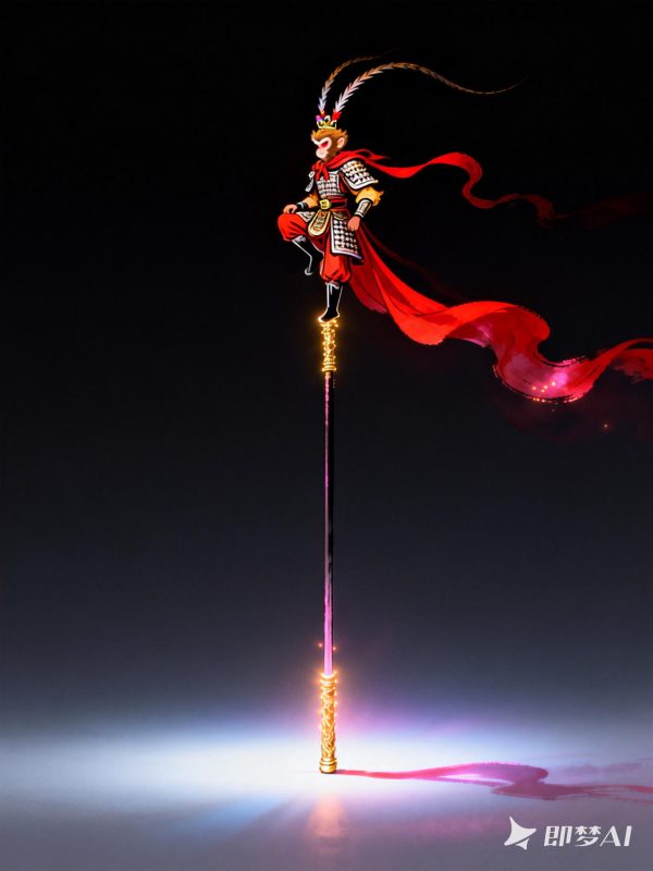 孙悟空金箍棒齐天大圣单脚站立身影艺术封面海报-即梦ai关键词描述咒语-Ai宇宙吧-