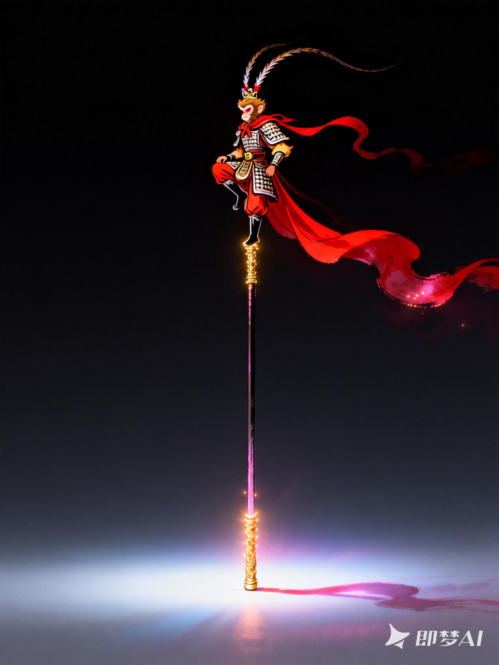 Midjourney - 孙悟空金箍棒齐天大圣单脚站立身影艺术封面海报-即梦ai关键词描述咒语 即梦Ai-Ai宇宙吧-