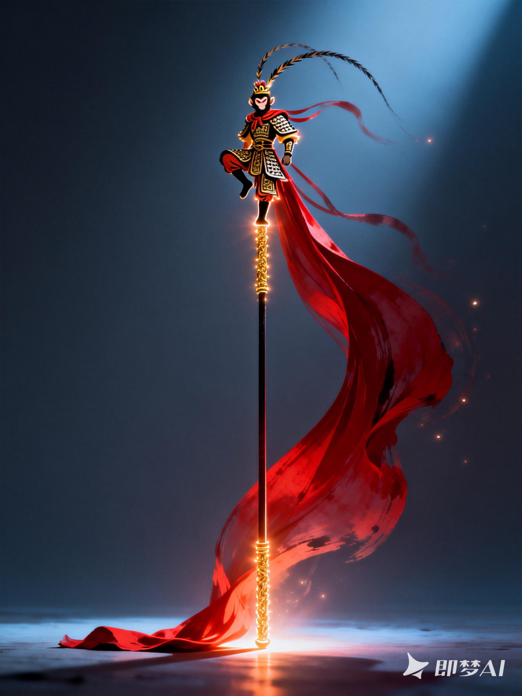 Midjourney - 孙悟空金箍棒齐天大圣单脚站立身影艺术封面海报-即梦ai关键词描述咒语 即梦Ai-Ai宇宙吧-