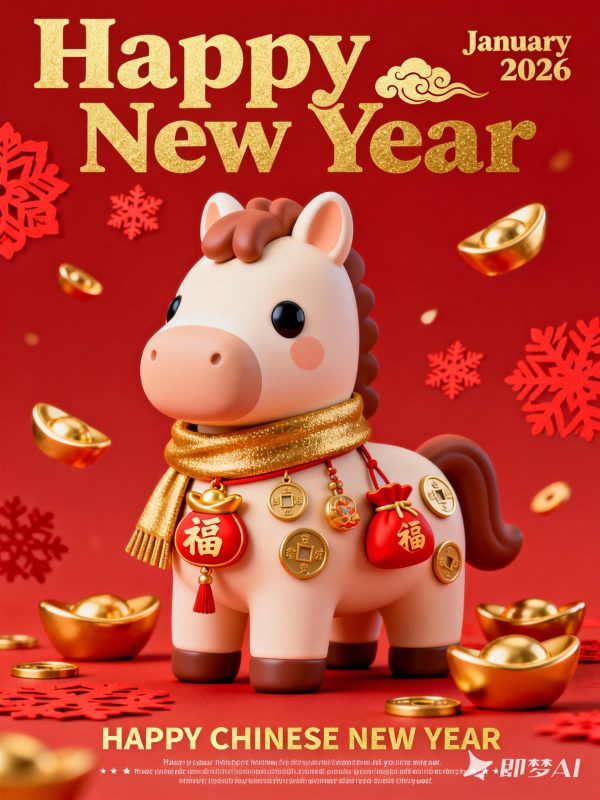 红色3D立体可爱卡通2026新年春节拟人化小马祝福海报-即梦ai关键词描述咒语-Ai宇宙吧-
