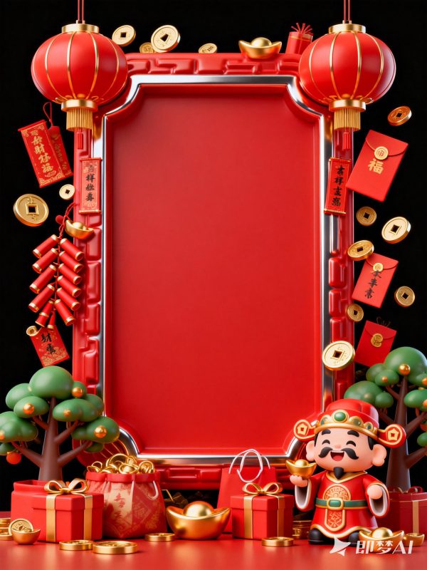 红色3D立体可爱喜庆2026新年春节元素财神爷海报背景-即梦ai关键词描述咒语-Ai宇宙吧-