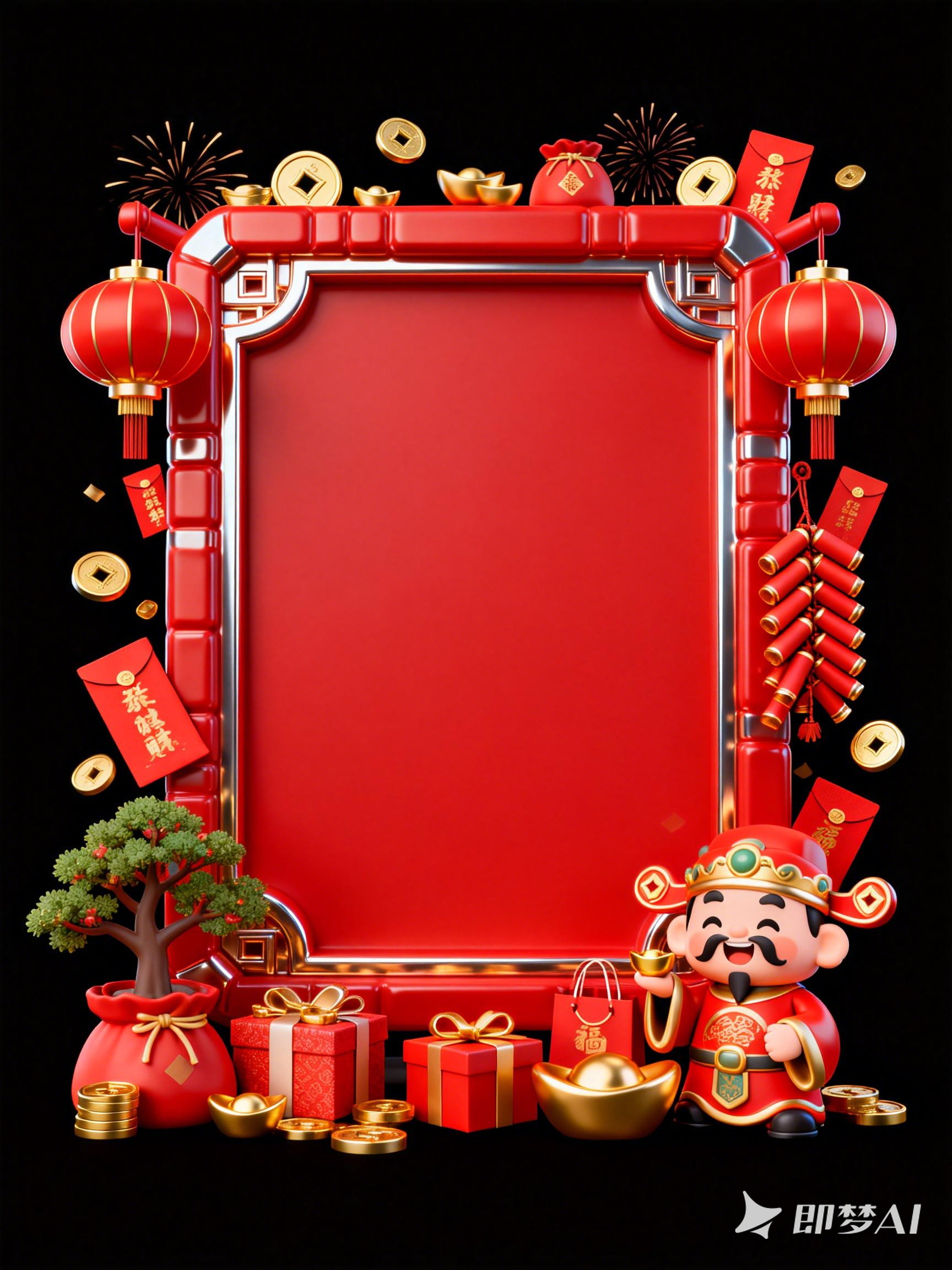 Midjourney - 红色3D立体可爱喜庆2026新年春节元素财神爷海报背景-即梦ai关键词描述咒语 即梦Ai-Ai宇宙吧-