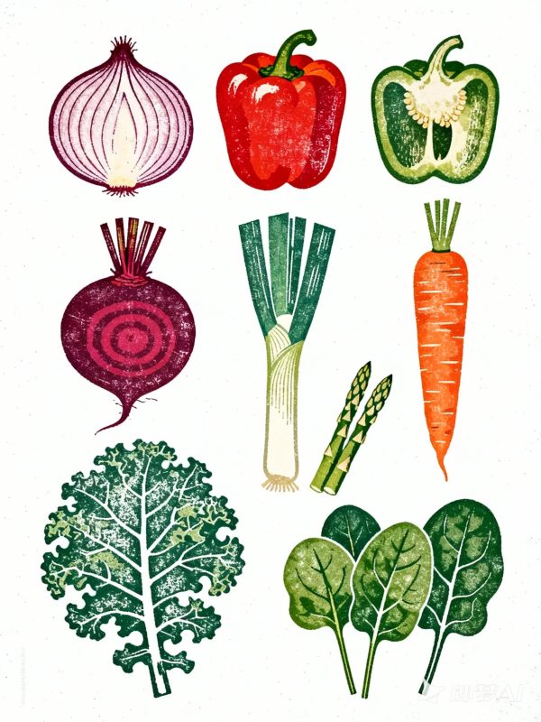极简日系复古手绘蔬菜水果拓印质感插图海报-即梦ai关键词描述咒语-Ai宇宙吧-