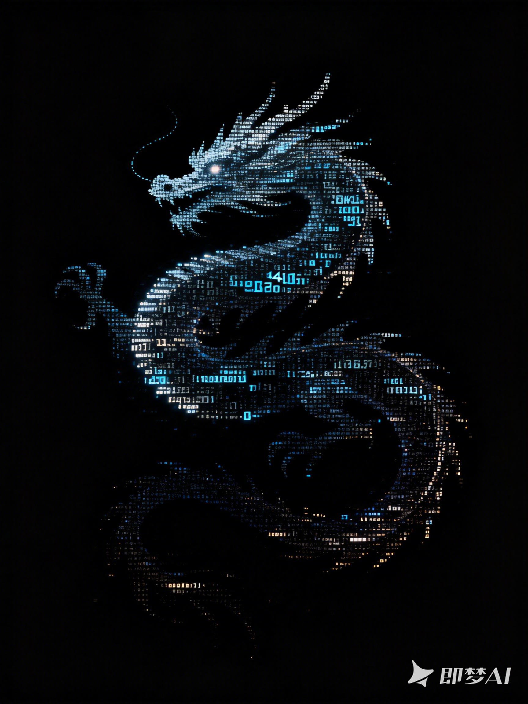 Midjourney - 弥散粒子模糊龙轮廓形状数字科技抽象艺术海报-即梦ai关键词描述咒语 即梦Ai-Ai宇宙吧-