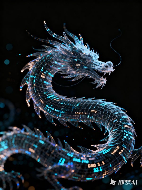弥散粒子模糊龙轮廓形状数字科技抽象艺术海报-即梦ai关键词描述咒语-Ai宇宙吧-