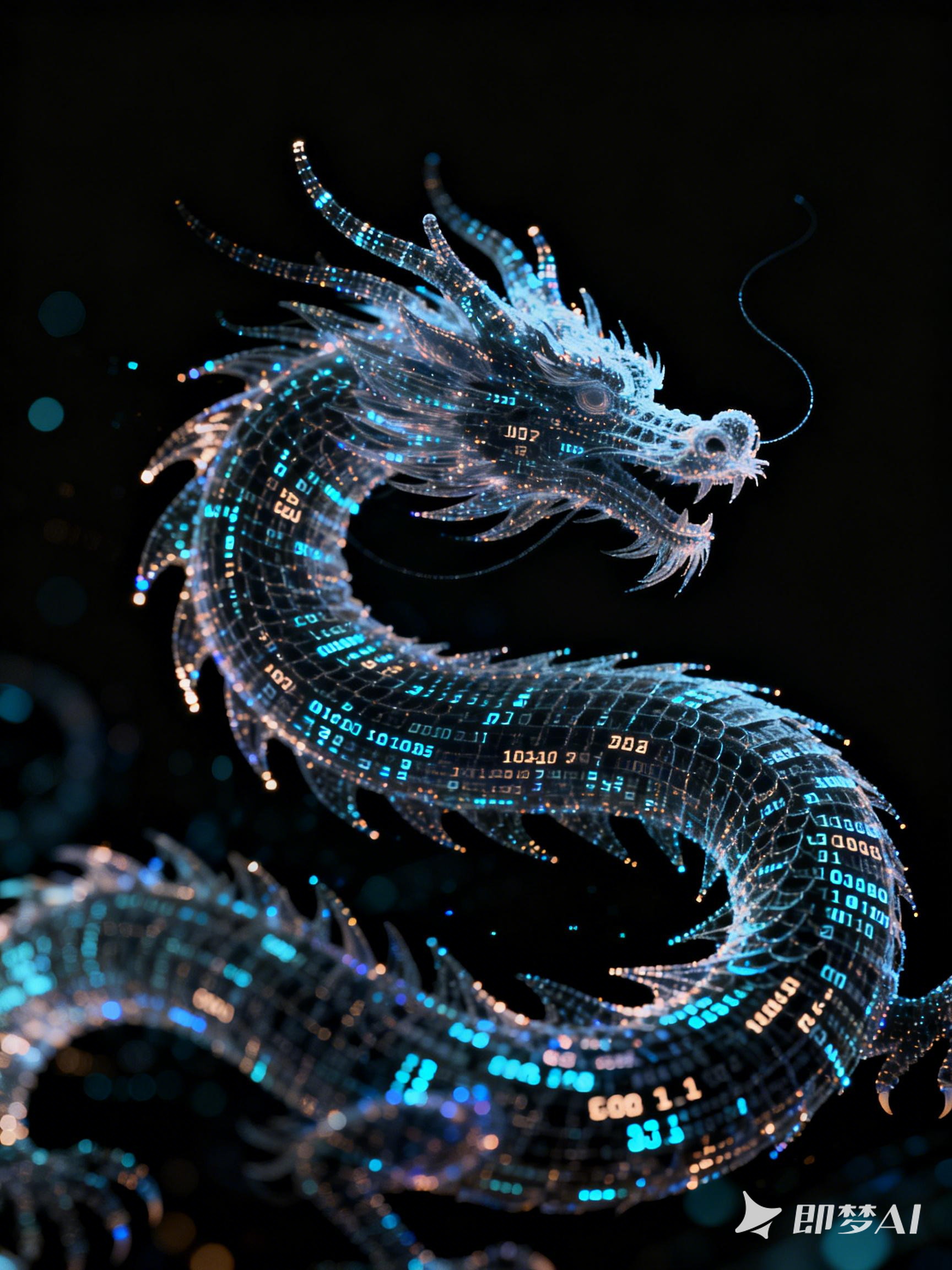 Midjourney - 弥散粒子模糊龙轮廓形状数字科技抽象艺术海报-即梦ai关键词描述咒语 即梦Ai-Ai宇宙吧-