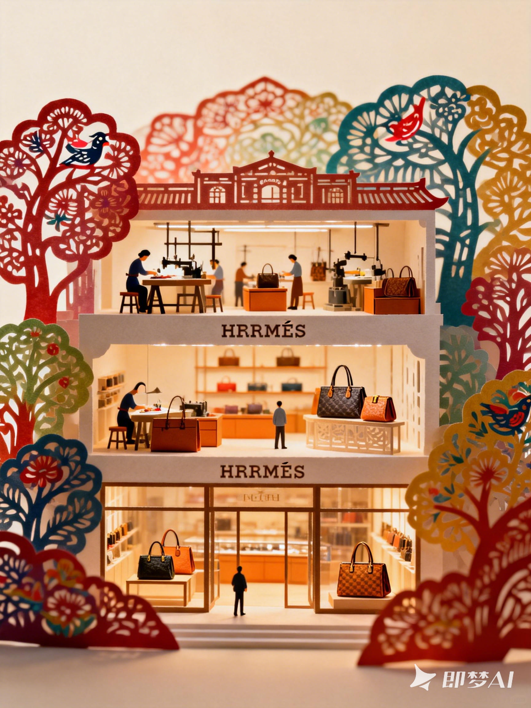 Midjourney - 库淑兰剪纸镂空艺术风格爱马仕专卖店立体建筑展示海报-即梦ai关键词描述咒语 即梦Ai-Ai宇宙吧-