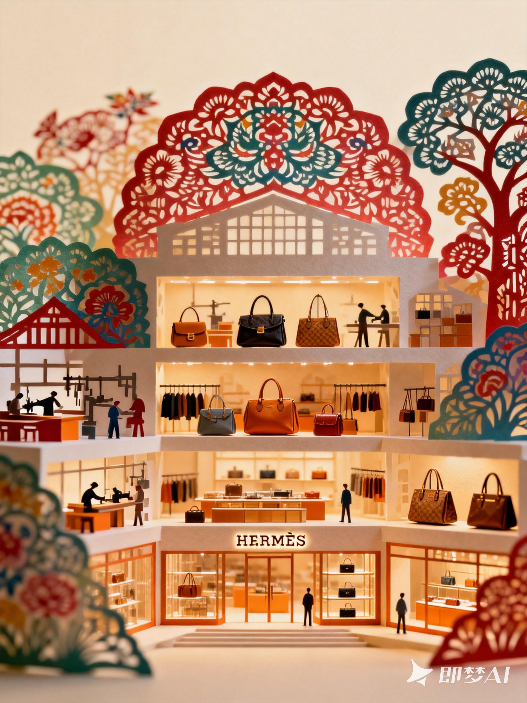 Midjourney - 库淑兰剪纸镂空艺术风格爱马仕专卖店立体建筑展示海报-即梦ai关键词描述咒语 即梦Ai-Ai宇宙吧-