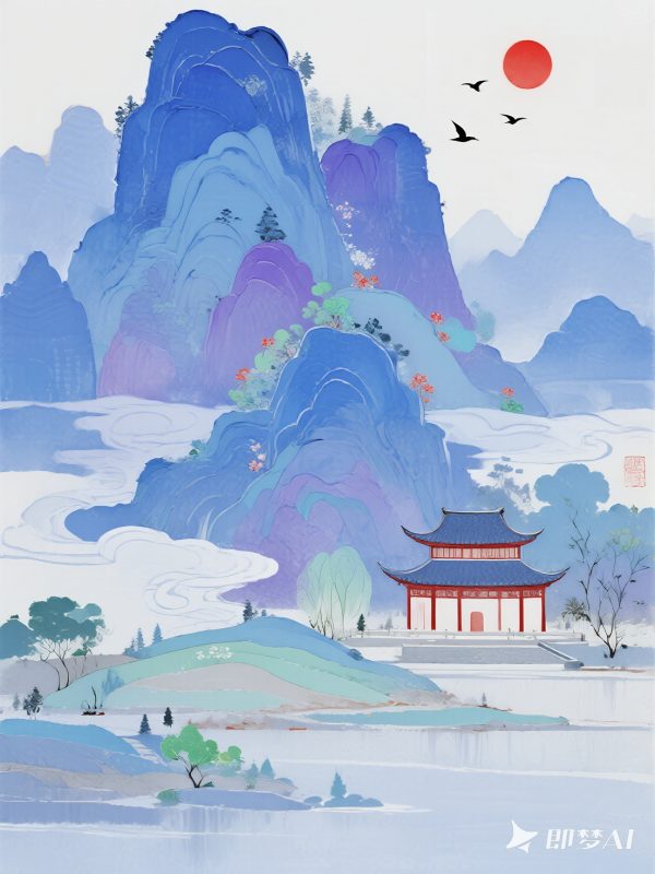 手绘中国风东方蓝色自然山水建筑意境插图海报-即梦ai关键词描述咒语-Ai宇宙吧-